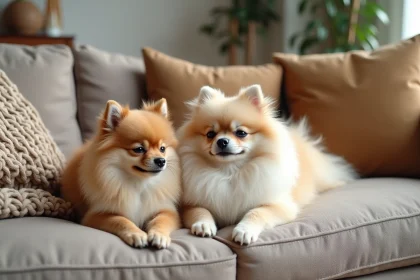 Spitz et chihuahua allongés côte à côte sur un canapé en lin dans un salon scandinave, cohabitation paisible entre deux petites races de chiens