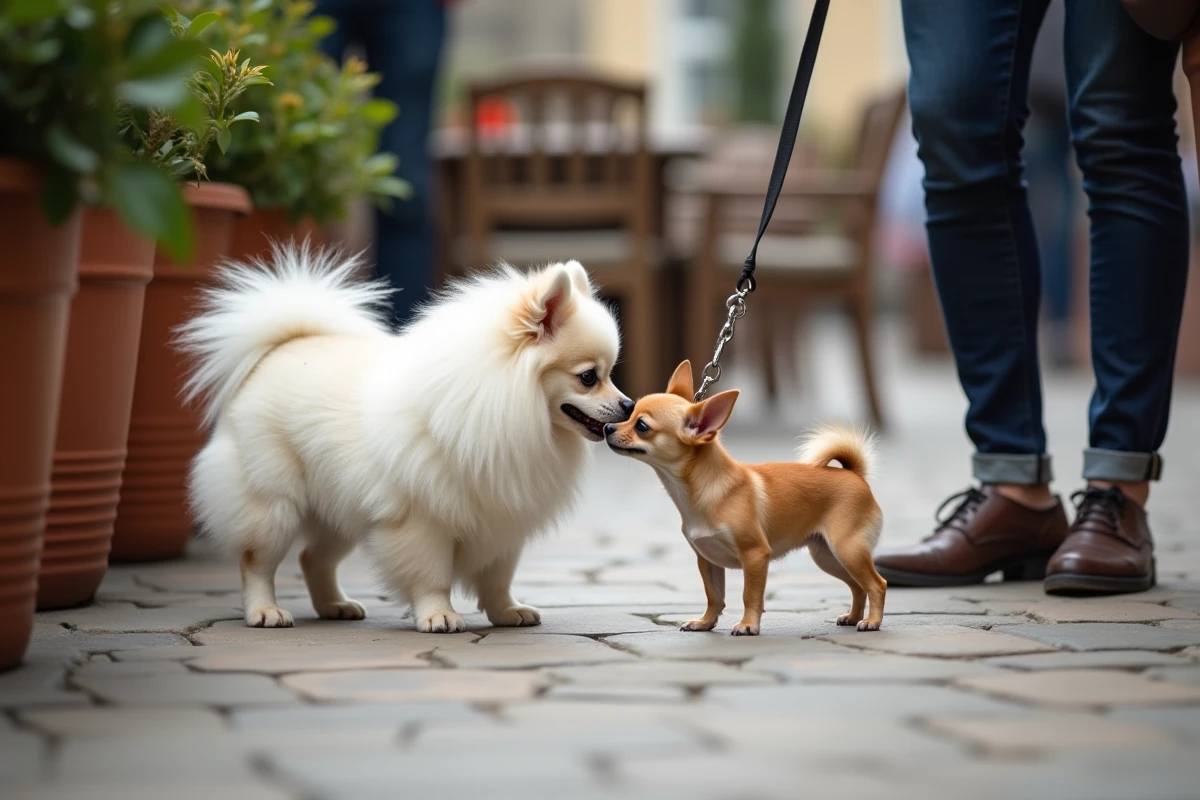 Spitz et chihuahua se reniflant lors d'une première rencontre sur une terrasse urbaine, deux chiens en laisse dans une cour parisienne pavée