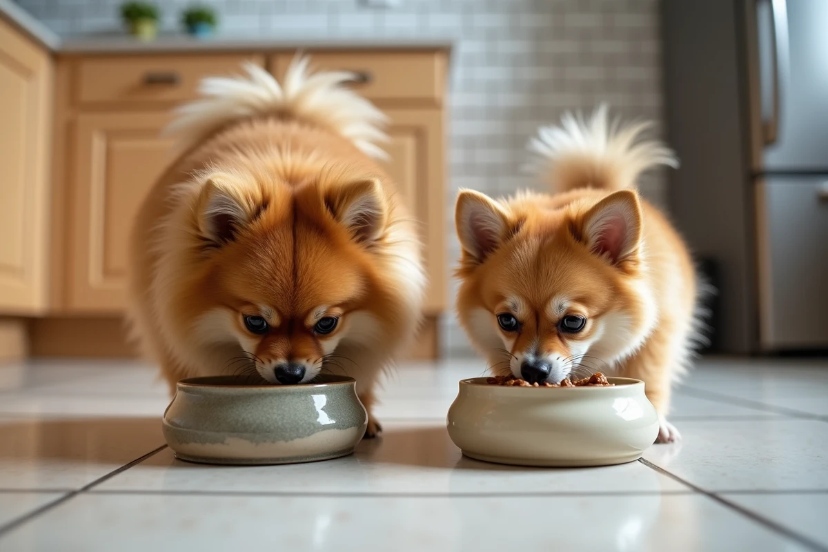 Spitz doré et chihuahua noir et feu mangeant chacun dans leur gamelle en céramique sur le carrelage d'une cuisine, gestion sereine des repas en cohabitation