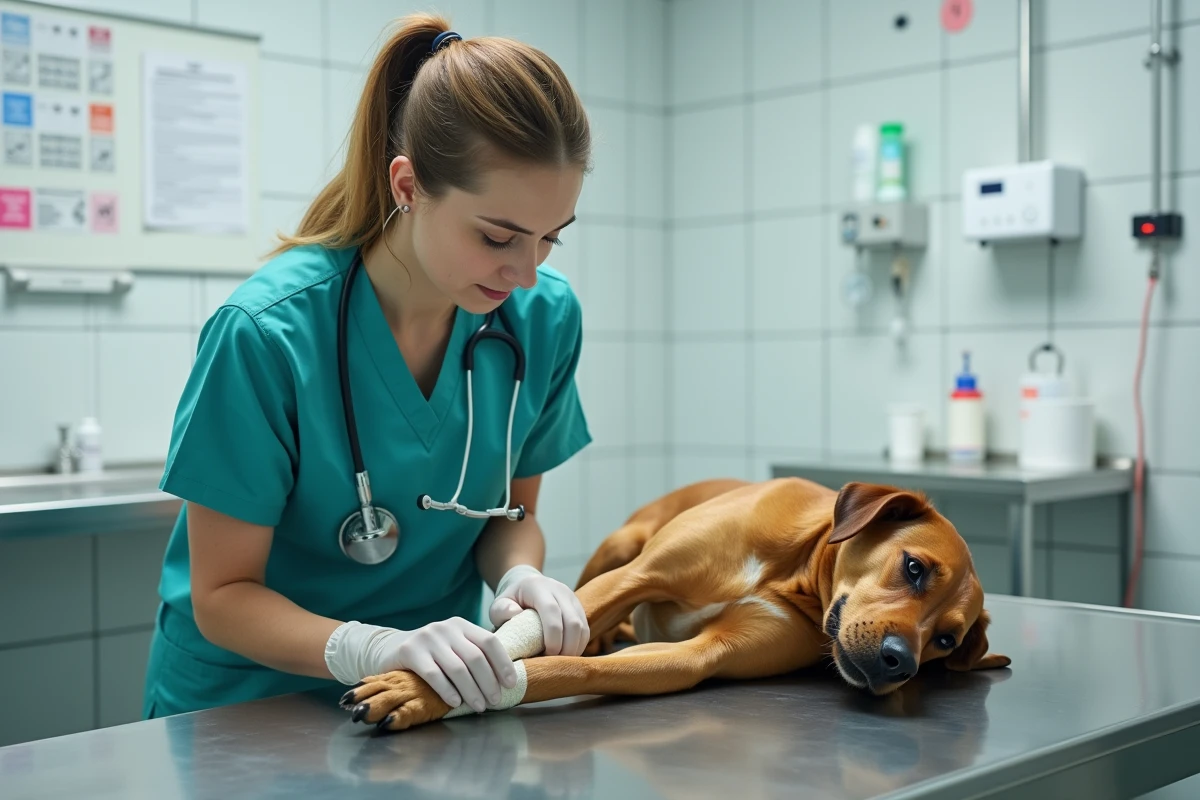 Une technicienne vétérinaire soignant un chien blessé sur une table d'examen dans une clinique, illustrant la prise en charge médicale professionnelle d'un animal blessé