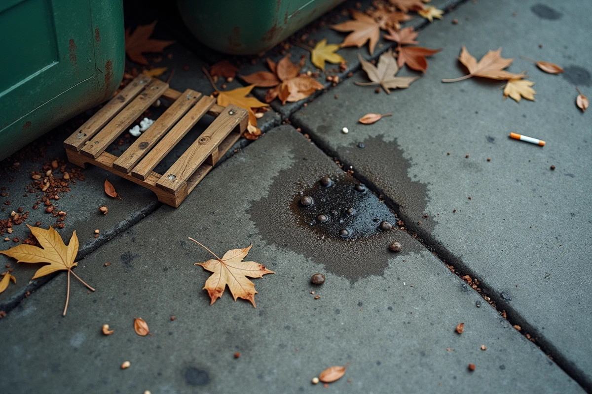 Vue rapprochée d'un trottoir urbain avec traces de rongeurs près d'une benne, illustrant la problématique des rats en ville