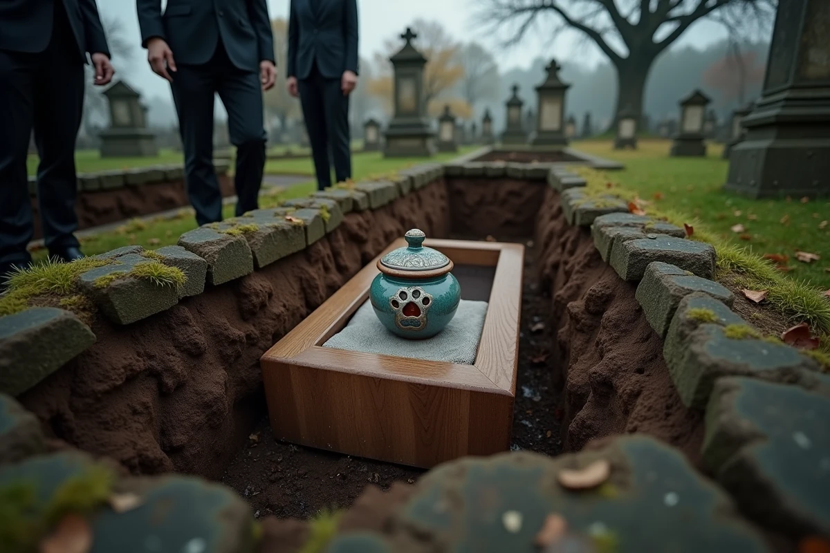 Urne funéraire pour animal de compagnie avec motif patte de chien placée à l'intérieur d'un cercueil lors d'une inhumation dans un cimetière