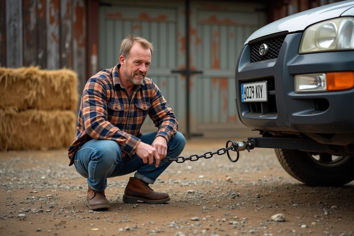 Homme vérifiant l'attelage d'une remorque à chevaux dans une cour de haras