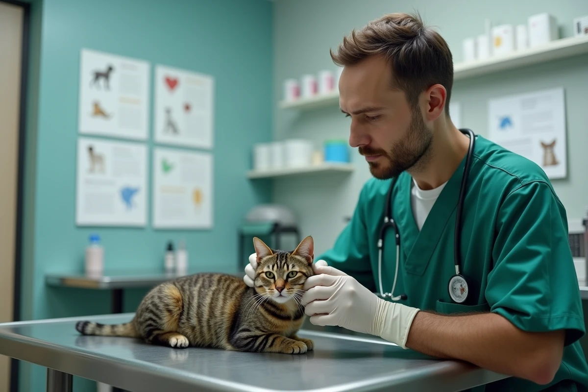 Vétérinaire d'une association de protection animale examinant un chat dans une clinique spécialisée
