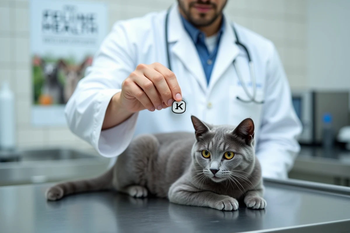 Vétérinaire présentant une bague d'identification pour chat avec une lettre de l'année 2026 dans une clinique vétérinaire