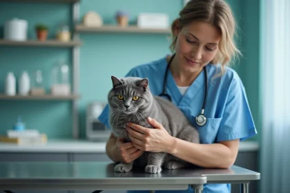 Vétérinaire tenant délicatement un vieux chat gris sur une table d'examen dans une clinique vétérinaire moderne