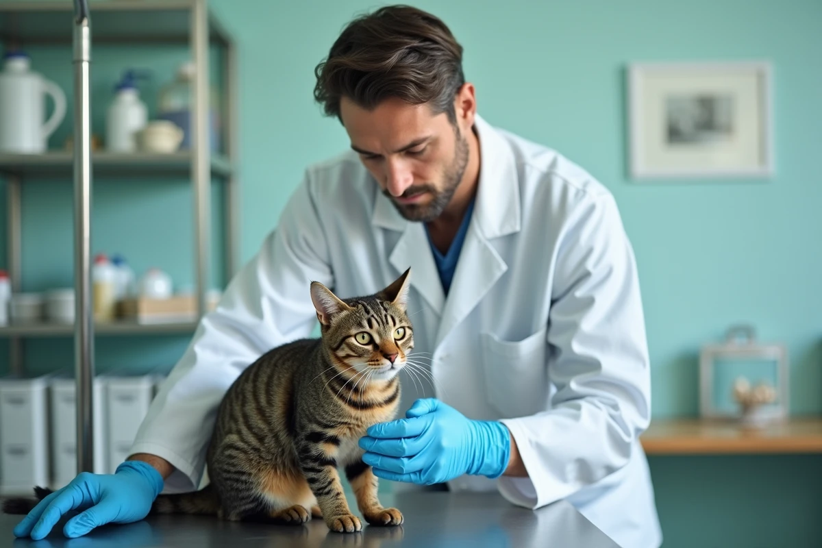 Vétérinaire examinant un chat en clinique, contexte d'assurance santé animale