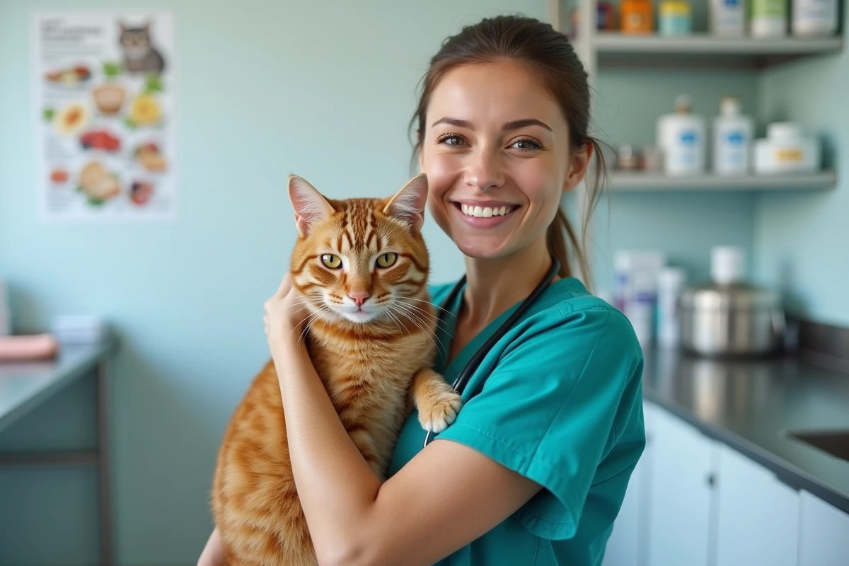 Vétérinaire canadienne tenant un chat orange dans une clinique vétérinaire, avec affiche sur la nutrition féline en arrière-plan