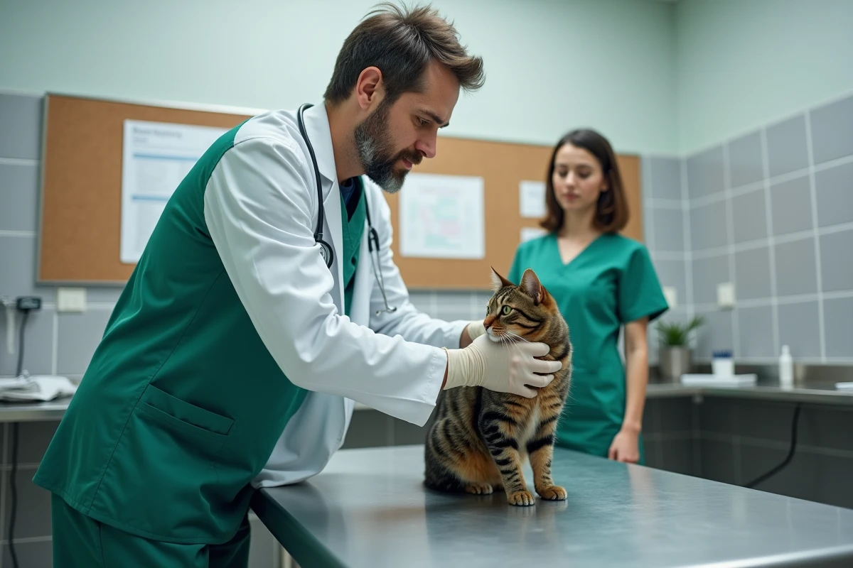 Vétérinaire examinant un chat sur une table de consultation dans une clinique vétérinaire moderne