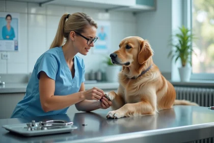 Vétérinaire coupant les griffes d'un golden retriever sur une table d'examen en clinique vétérinaire