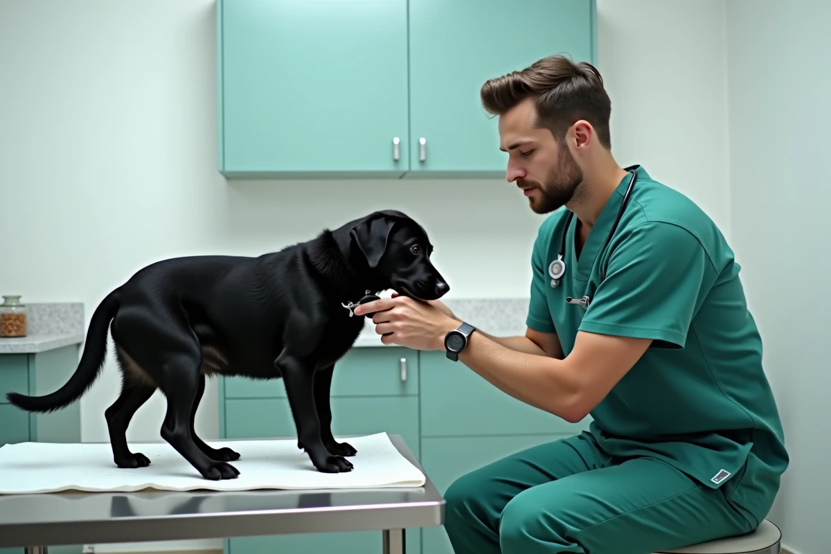 Vétérinaire coupant les ongles d'un labrador noir stressé sur une table d'examen en clinique vétérinaire