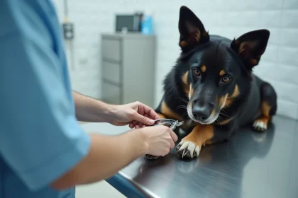 Vétérinaire qui coupe les ongles noirs d'un chien sur une table d'examen en inox dans une clinique vétérinaire