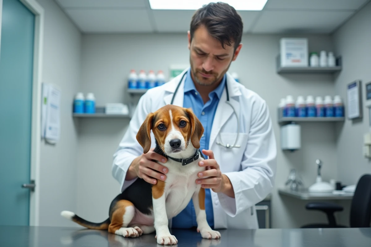 Vétérinaire examinant un beagle sur une table d'examen dans une clinique vétérinaire moderne, soulignant l'importance des soins couverts par une mutuelle pour chien