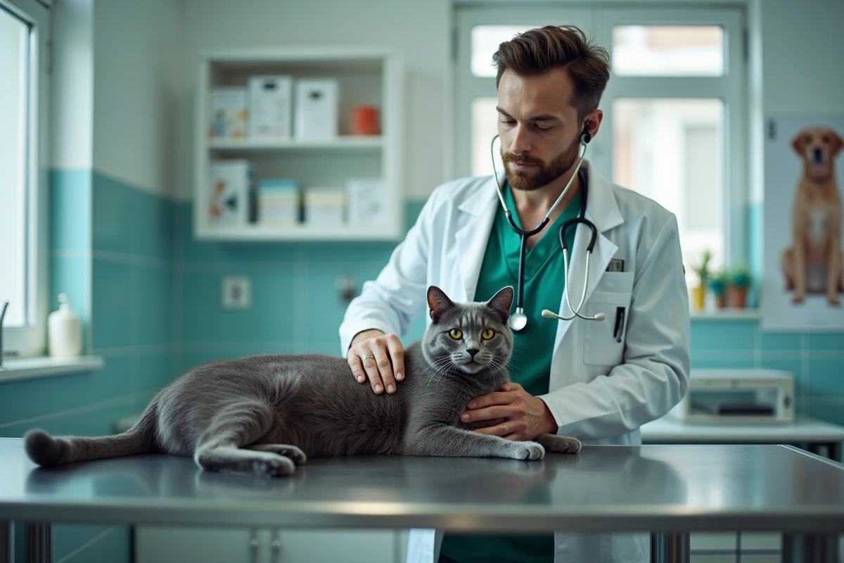 Vétérinaire examinant un chat gris en clinique vétérinaire, contexte assurance santé animale