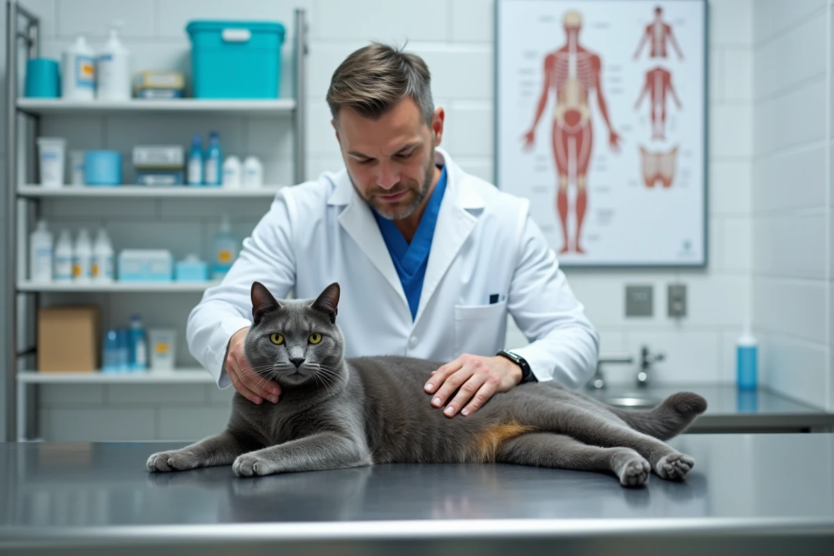 Vétérinaire examinant un chat British Shorthair gris dans une clinique vétérinaire moderne
