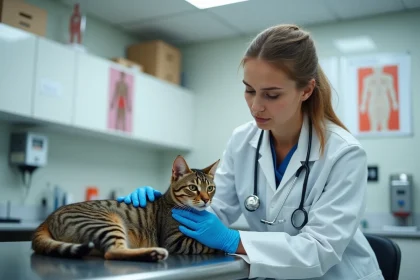 Vétérinaire examinant un chat sur une table d'examen dans une clinique vétérinaire moderne, illustration de la couverture des maladies rénales par l'assurance Trupanion