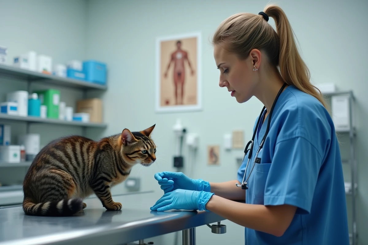 Vétérinaire examinant un chat présentant des symptômes suspects dans une clinique vétérinaire
