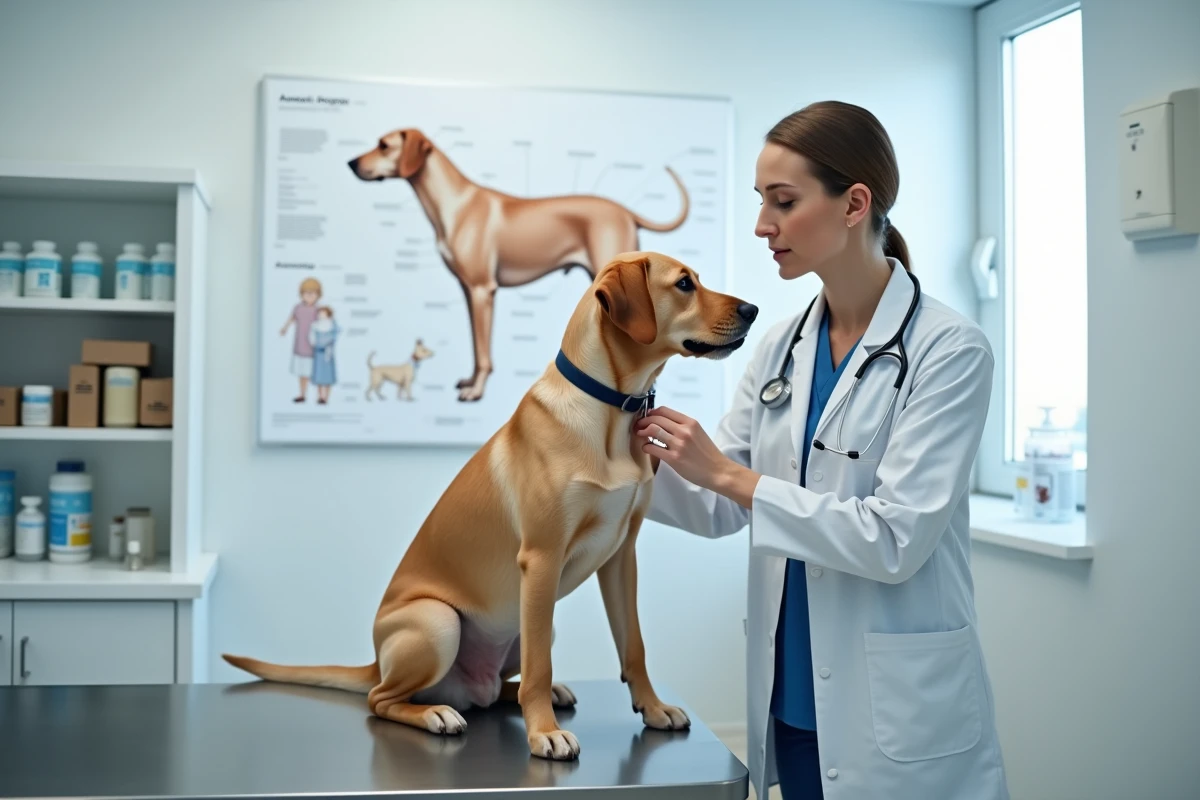 Vétérinaire examinant un labrador dans une clinique vétérinaire moderne