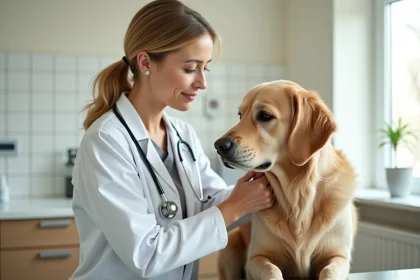 Vétérinaire examinant un Golden Retriever de race pure lors d'un contrôle de pureté raciale en clinique