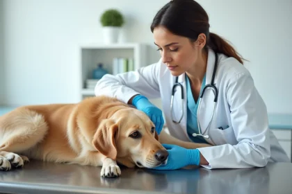 Vétérinaire examinant un golden retriever sur une table de consultation pour traitement antiparasitaire