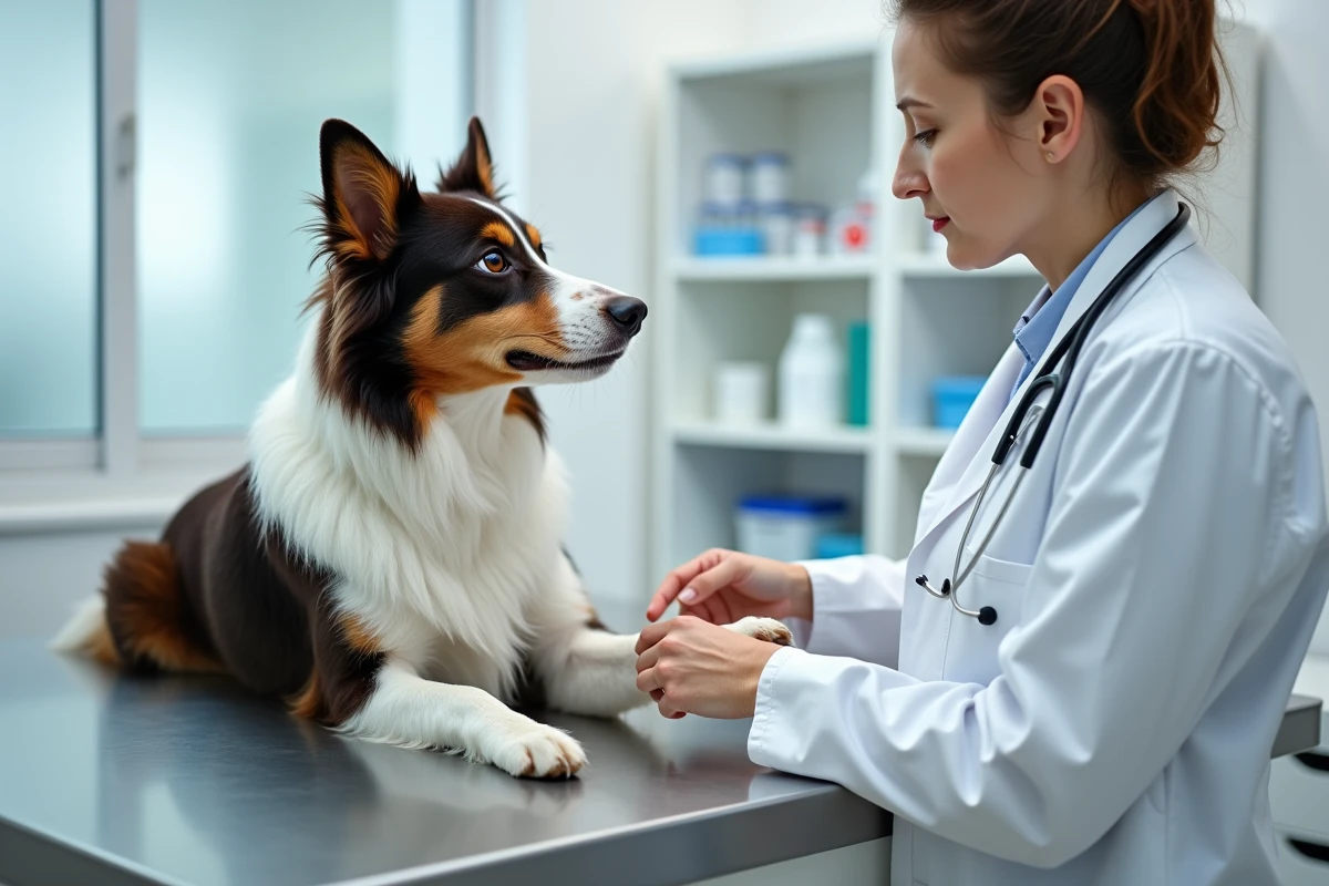 Vétérinaire examinant la patte d'un border collie en clinique, en lien avec les blessures potentielles causées par la course sur béton