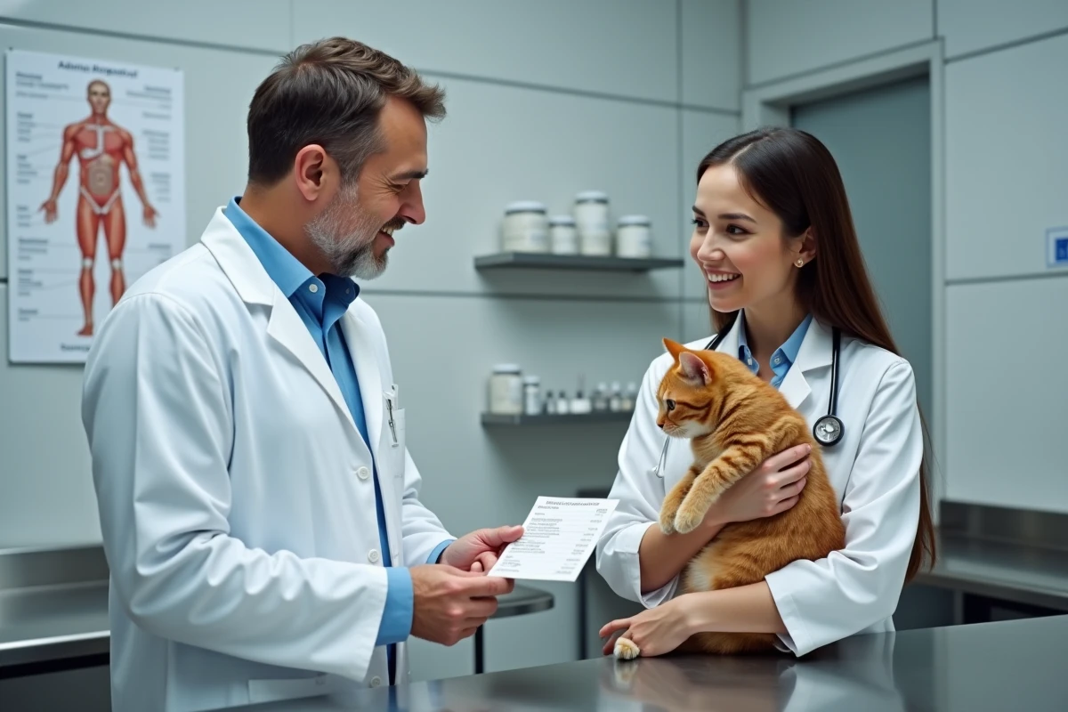 Vétérinaire remettant une facture à une propriétaire de chat dans une clinique vétérinaire
