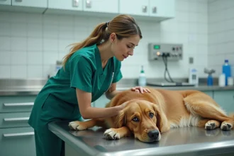 Vétérinaire examinant un golden retriever sur une table d'examen dans une clinique vétérinaire d'urgence