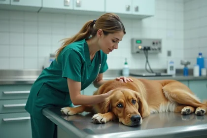 Vétérinaire examinant un golden retriever sur une table d'examen dans une clinique vétérinaire d'urgence