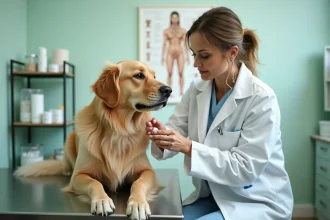 Vétérinaire administrant un comprimé vermifuge à un golden retriever lors d'une consultation en clinique