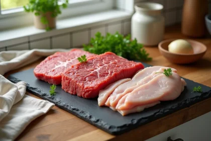 Assortiment de viandes crues sur une planche en ardoise pour la préparation de nourriture maison pour chien